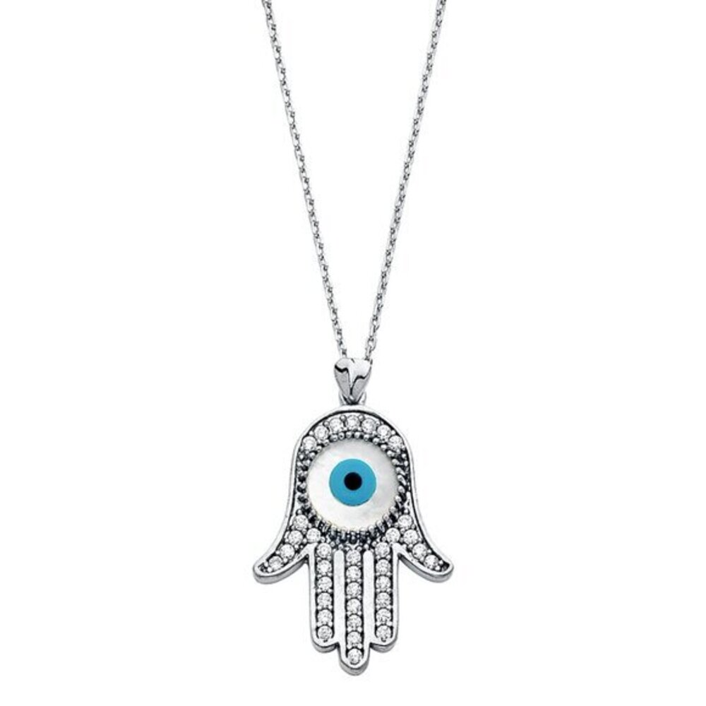 New 14K White Gold or Yellow gold  Evil Eye Hand Hamsa Necklace 18”